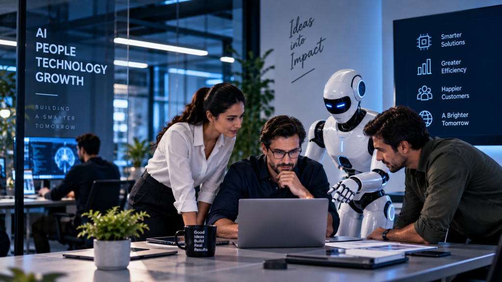 Illustrative AI workplace with a team collaborating around a laptop